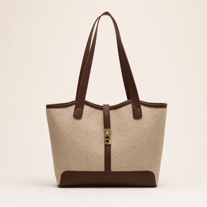 Classic Beige Tote Bag with Brown Trim