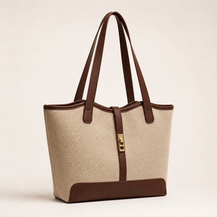 Classic Beige Tote Bag with Brown Trim