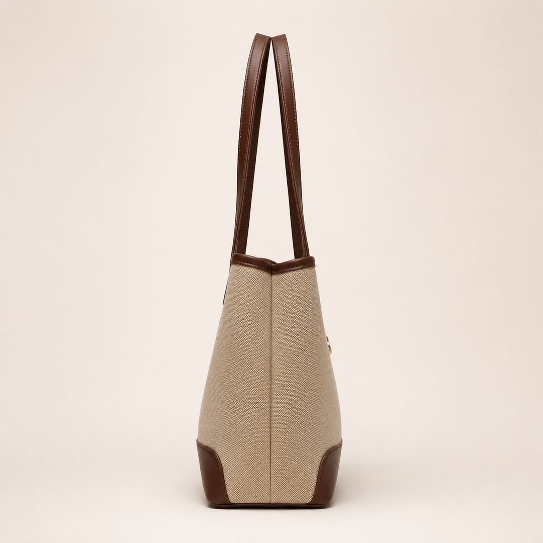 Classic Beige Tote Bag with Brown Trim