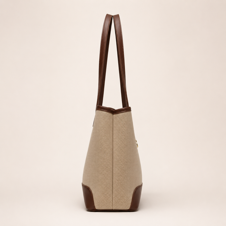Classic Beige Tote Bag with Brown Trim