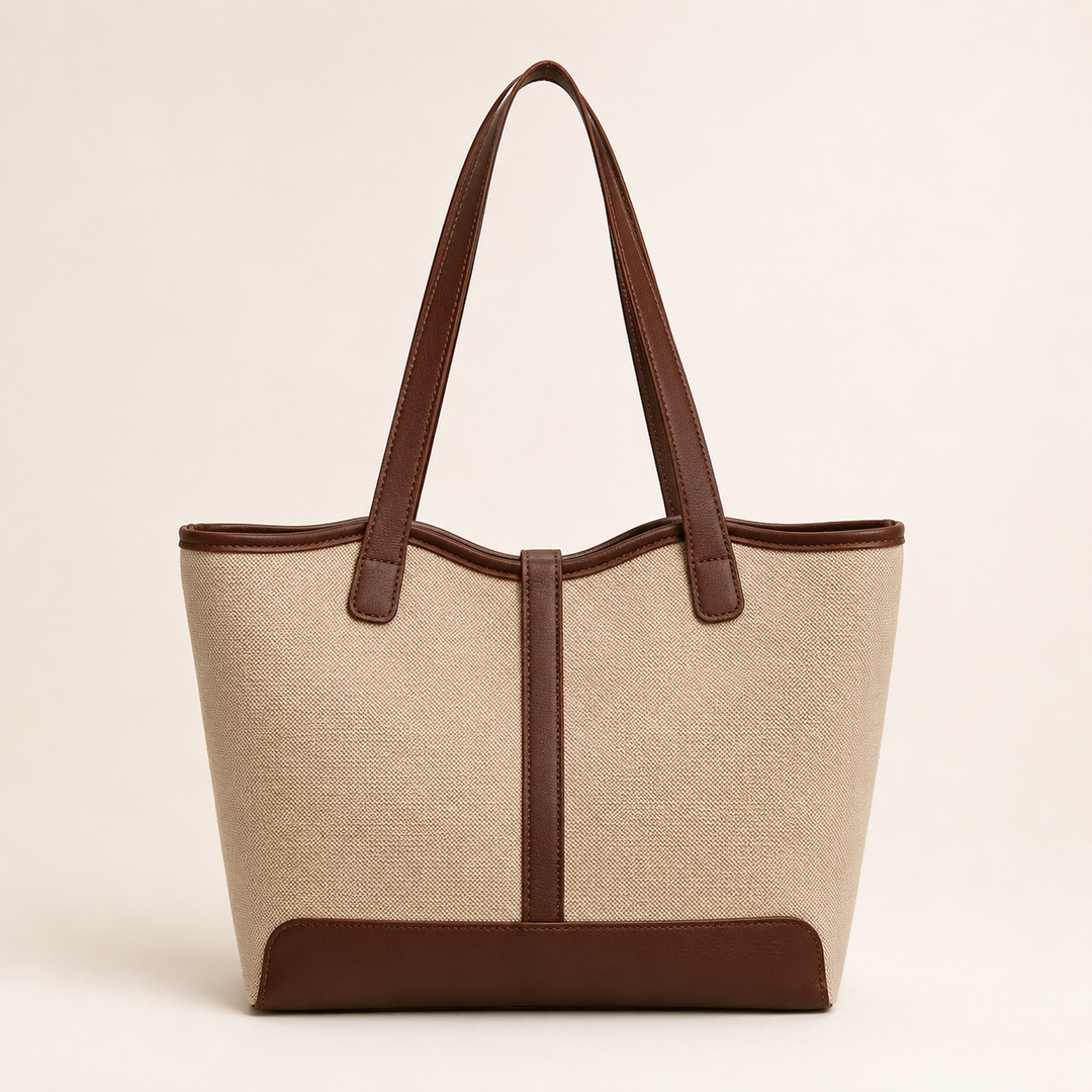 Classic Beige Tote Bag with Brown Trim