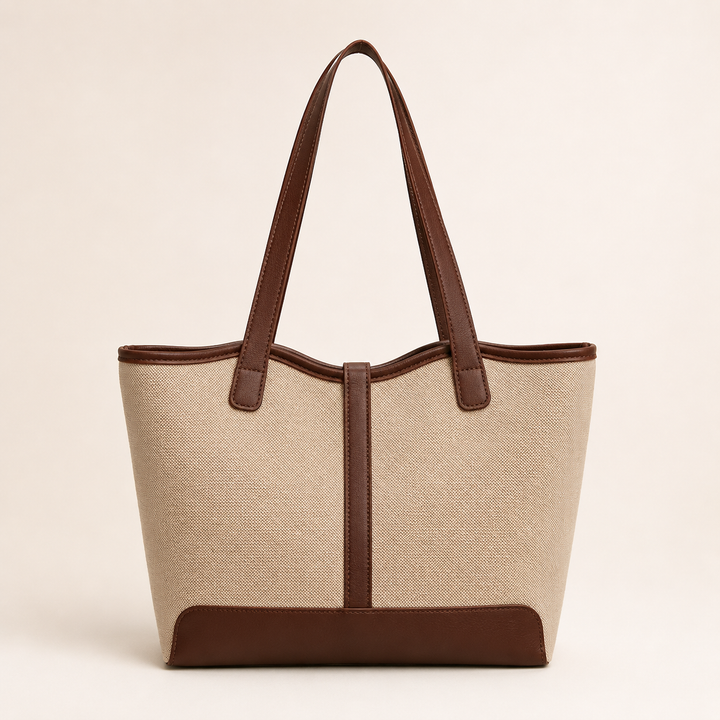 Classic Beige Tote Bag with Brown Trim