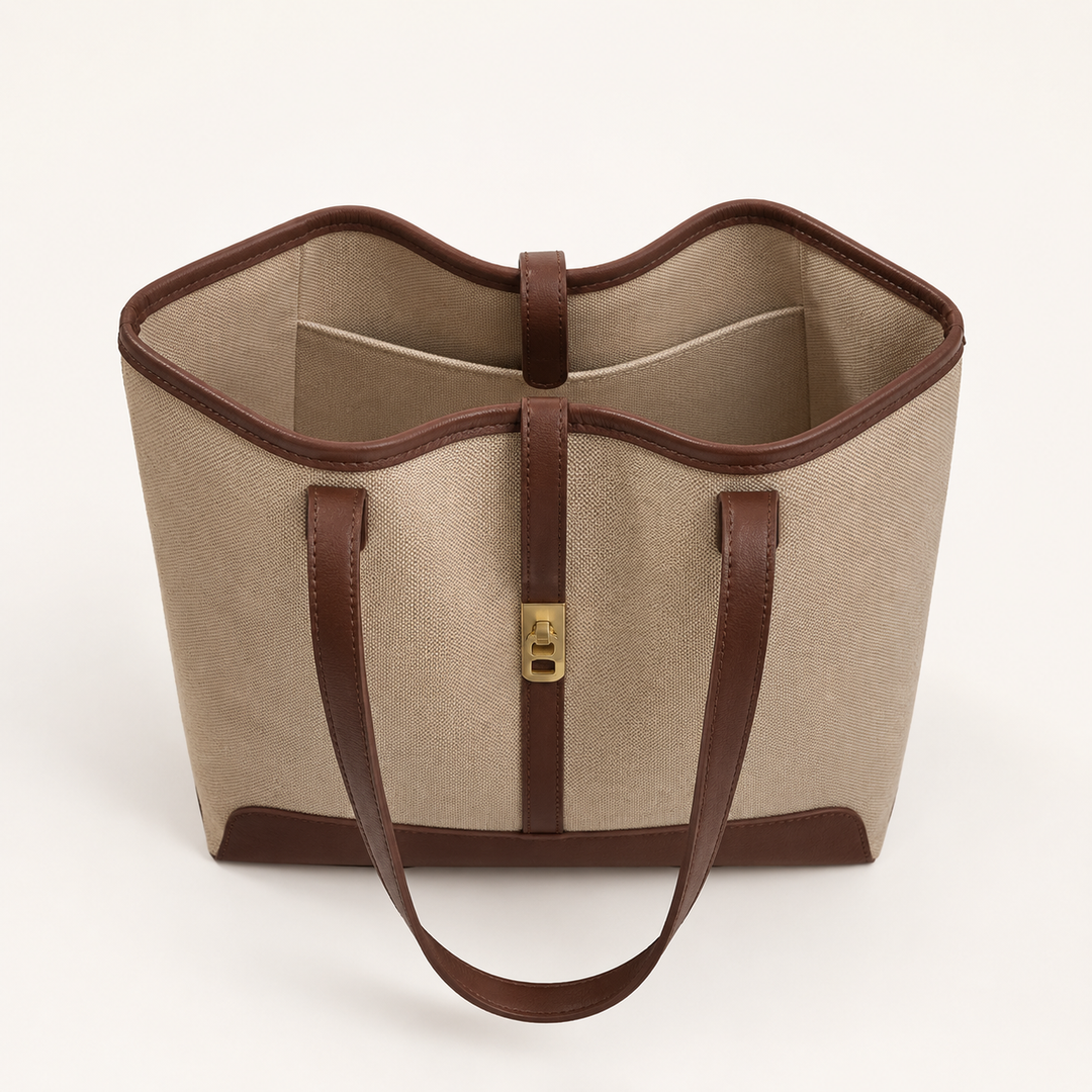 Classic Beige Tote Bag with Brown Trim