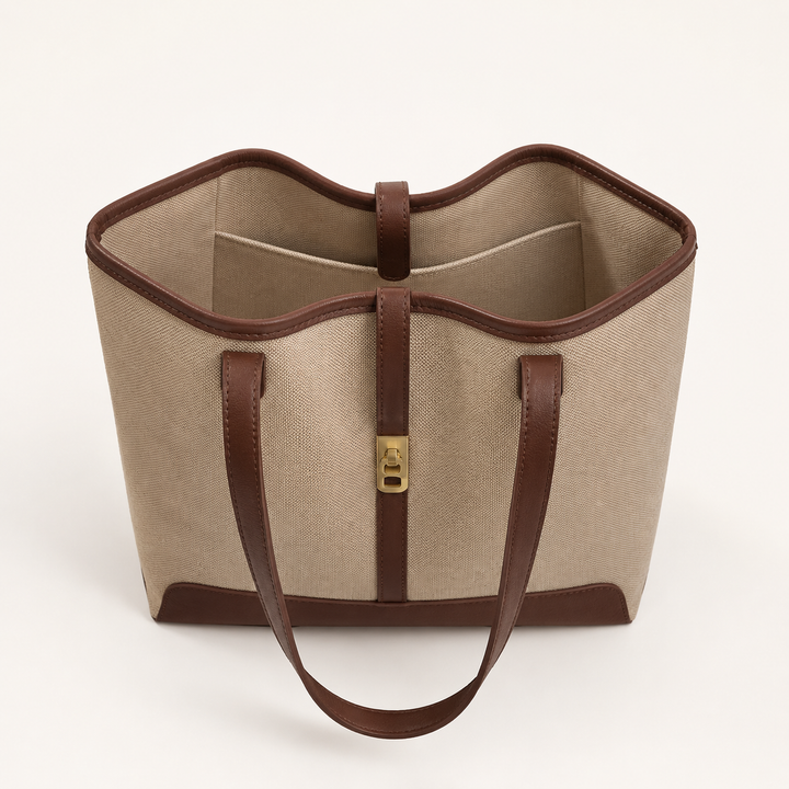 Classic Beige Tote Bag with Brown Trim