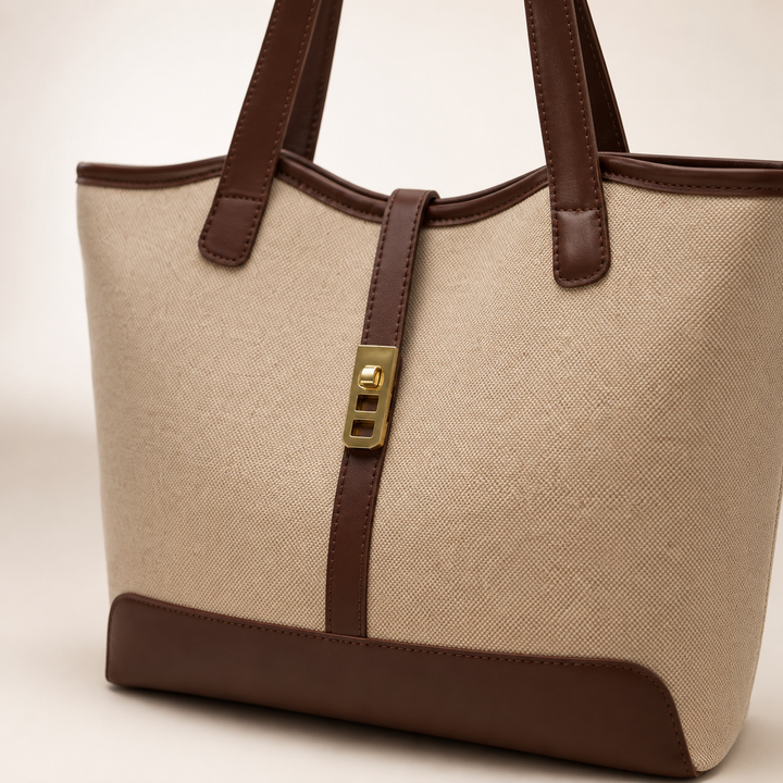 Classic Beige Tote Bag with Brown Trim